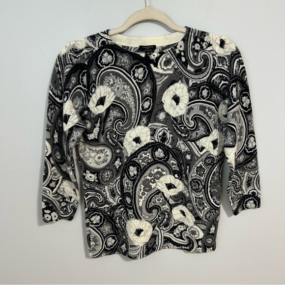 Talbots Audrey Cashmere Sweater Abstract Paisley Black White 3/4 Sleeve Small - Picture 2 of 6